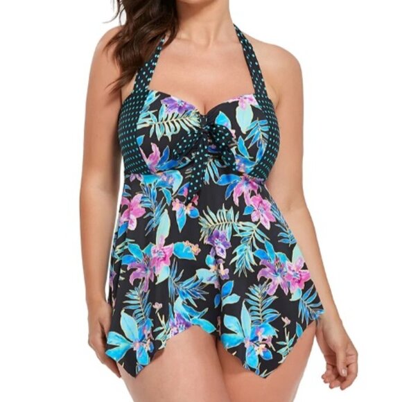 Neon Tropical Print Handkerchief Halter Tankini, Size 22 - Picture 1 of 5